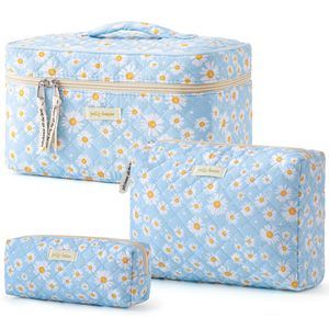 Quilted Makeup Bag, 3pcs Cotton Large Travel Makeup Bag, Cute Floral Coquette🦋